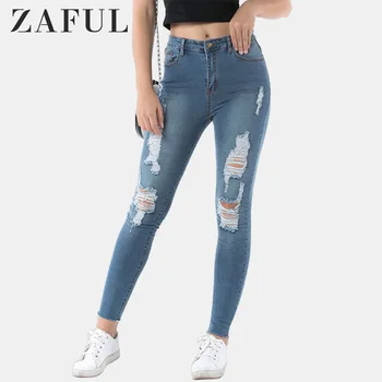 

ZAFUL Jeans Women Distressed Skinny Stretchy Jeans Zipper Fly Denim Pencil Pants Ripped Medium Wash Jeans Sexy Trousers Femme