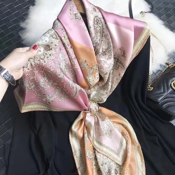 

2020 100% silk satin designer scarf women paisley multi scarves square fashion summer shawl and wraps vintage foulard 110x110cm