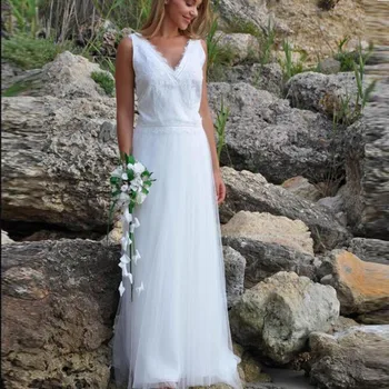 

Princess V Neck Wedding Dresses 2020 Appliques Lace A-line Tulle Sleeveless Bridal Gown Backless Vestidos de Noivas New