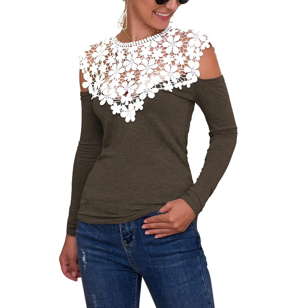 

Fashion Women Lace Stitching Shirt Blouse T-shirt Slim Fit Long Sleeve Tops Summer Beach GM