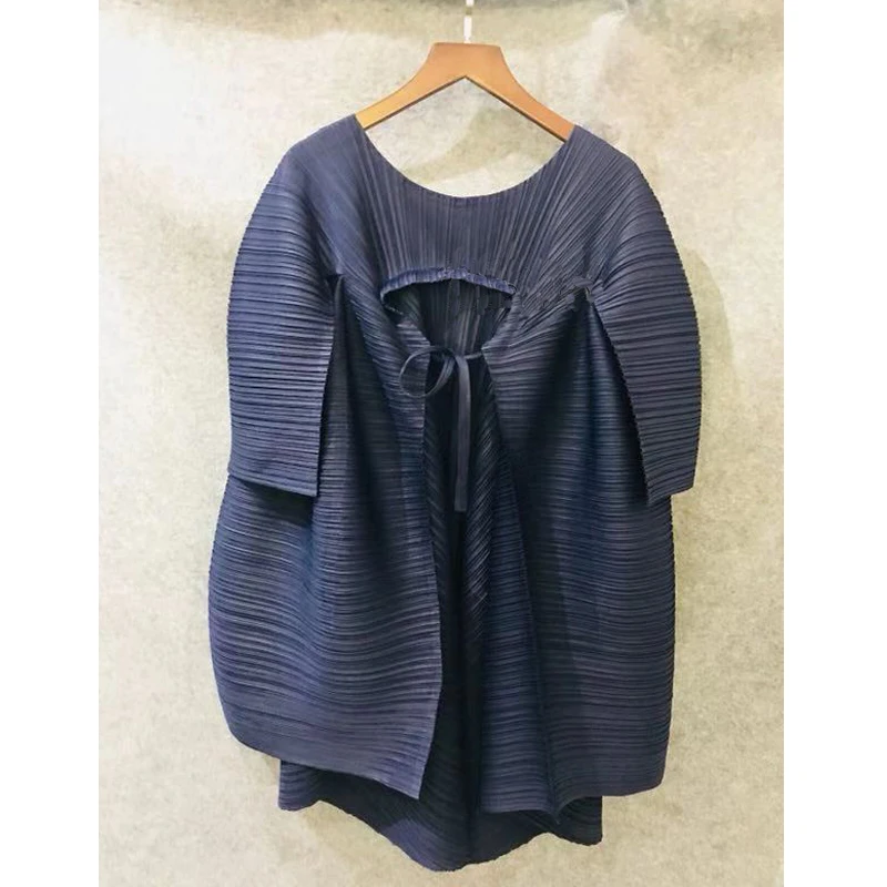 Changpleat новые женские свободные топы Miyak плиссированные Модные Дизайнерские однотонные женские футболки с круглым вырезом большого размера