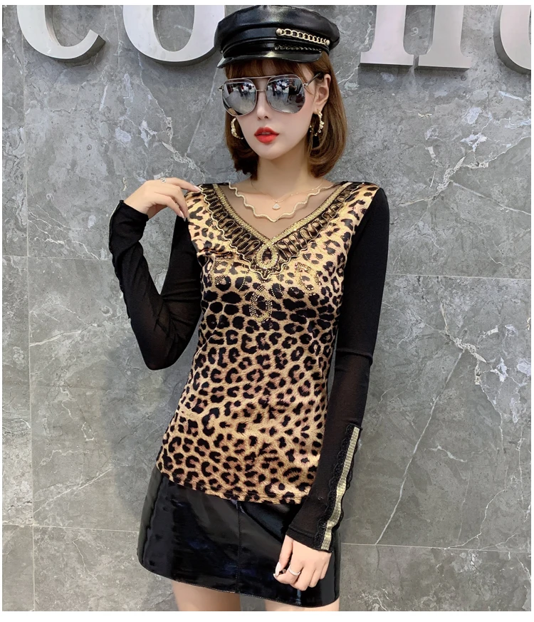 Poleras mujer de moda модная леопардовая футболка с длинным рукавом, женская рубашка с v-образным вырезом размера плюс, горячая Распродажа, футболка с бриллиантами, camiseta mujer