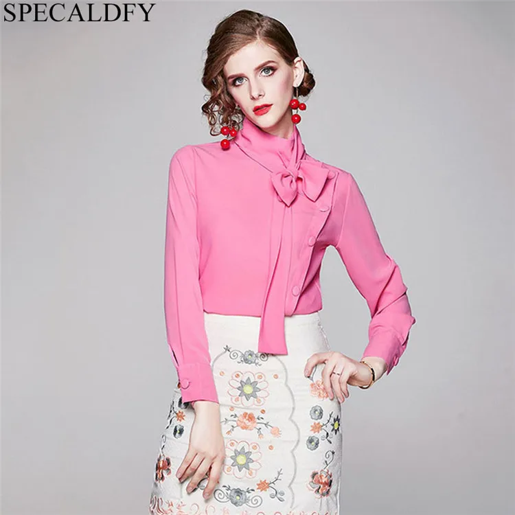 pink Дизайнерские блузки для подиума Mujer De Moda Осенняя блузка с длинными рукавами женские топы и блузки женские офисные рубашки Блузы OL - Цвет: pink