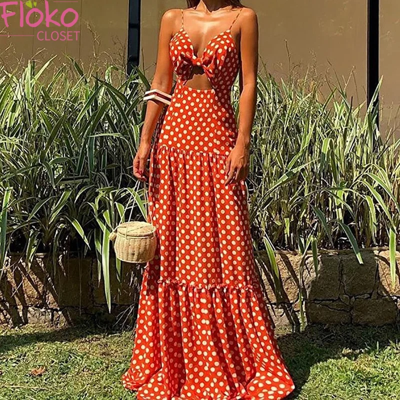 Flokocloset летнее платье на тонких бретельках с ремешком выдалбливают бантом длинное