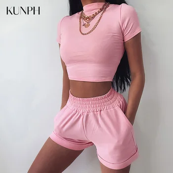 

summer two piece set Solid color crop tops and shorts suit Ladies t shirt with pocket short pants Casual tracksuits women set