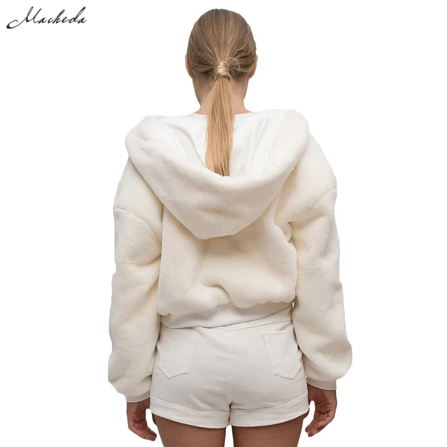 Macheda Autumn Winter Women Zipper Hooded White Long Sleeve Thick Fleece Outwear Fashion Lady Street Casual Jackets New