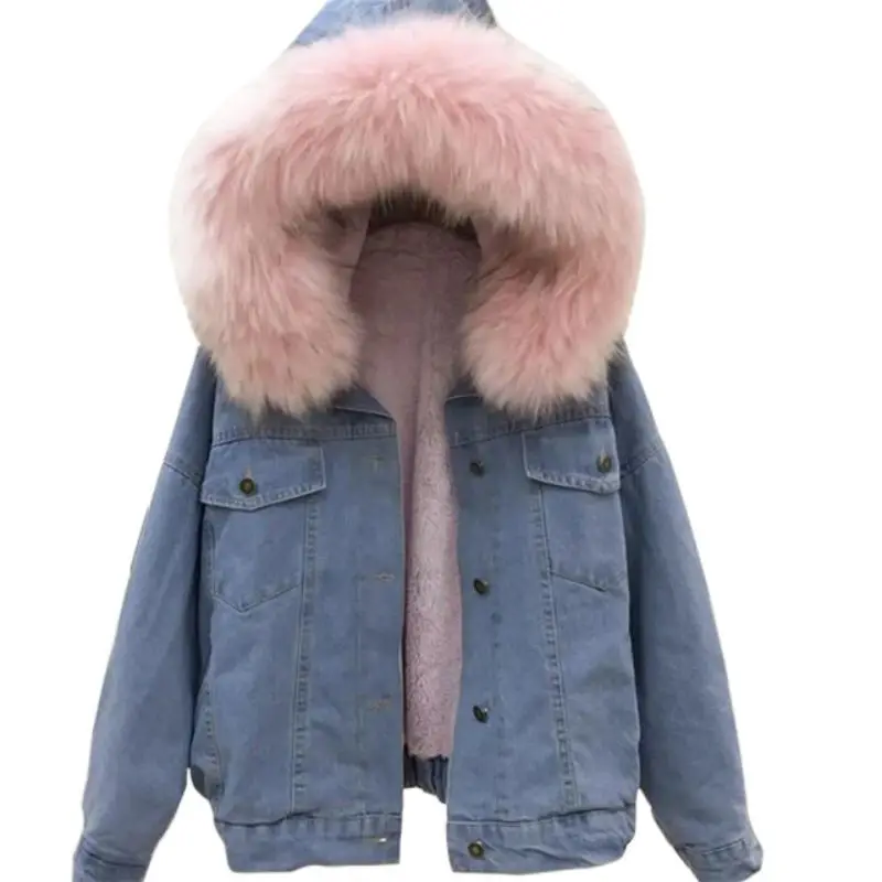 

2019 Winter Thick Jean Jacket Faux Fur Collar Fleece Hooded Denim Coat Women Padded Warm Denim Outwear