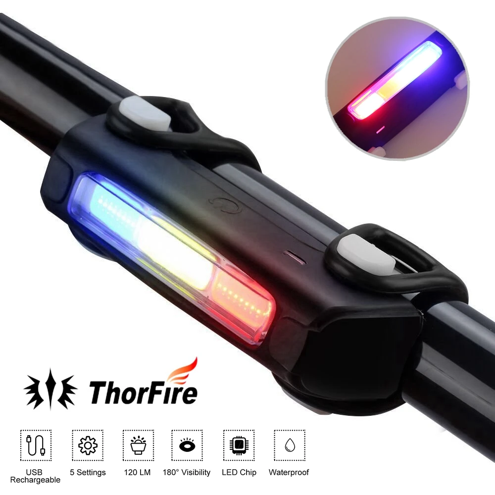 Яркий велосипедный светильник ThorFire, Перезаряжаемый USB, велосипедный задний светильник, водонепроницаемый, 7 режимов, 120лм, 200 м, для велоспорта, безопасный светильник-вспышка