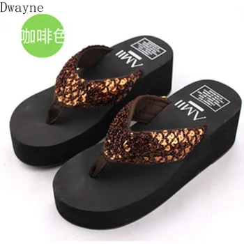 

Summer new cool sandals ladies large size flip-flops with thick sequins beach slip clip foot drag.