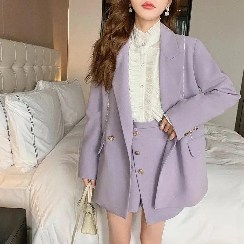 Luck A Women Purple Blazer Jacket Casual Work Suit Vintage Office Lady  Fashion Pockets Long Sleeve Suit Blazers +Shorts Female