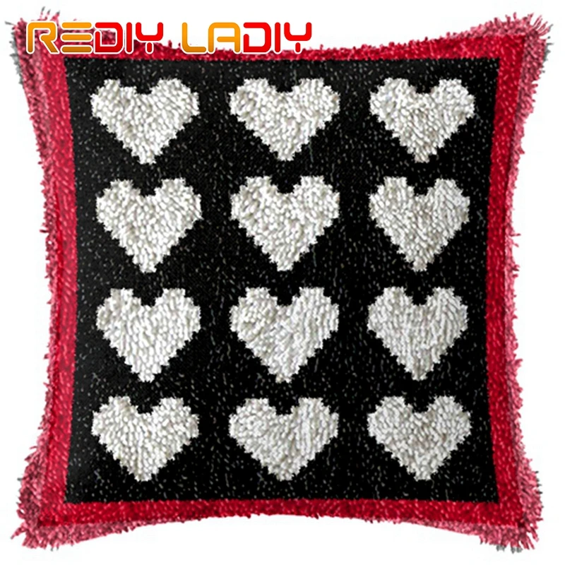 Latch Hook Kit Red Love Heart Cushion Cover Pre-Printed Canvas DIY Yarn Crochet Crafts Pillow Case Size 43x43cm Sofa Bed Pillows | Дом и сад