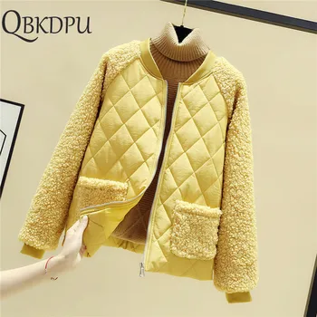 

Yellow Patchwork fashion new parkas Women Plush Casual Lambs Thicken Loose Cashmere Stitching Jacket Female Casual Streetwear