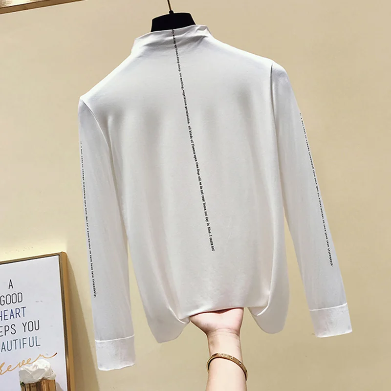 Gkfnmt/Модная Корейская женская футболка Топы с длинными рукавами, базовая водолазка, футболки, Осень-зима, футболка, Femme, абрикосовый, белый, синий - Цвет: Белый