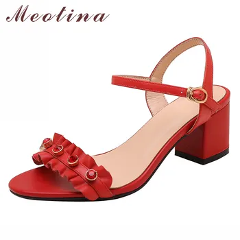

Meotina Women Shoes Summer Sandals Natural Genuine Leather Block Heels Shoes Real Leather Buckle Party Sandals Lady Red Size 43