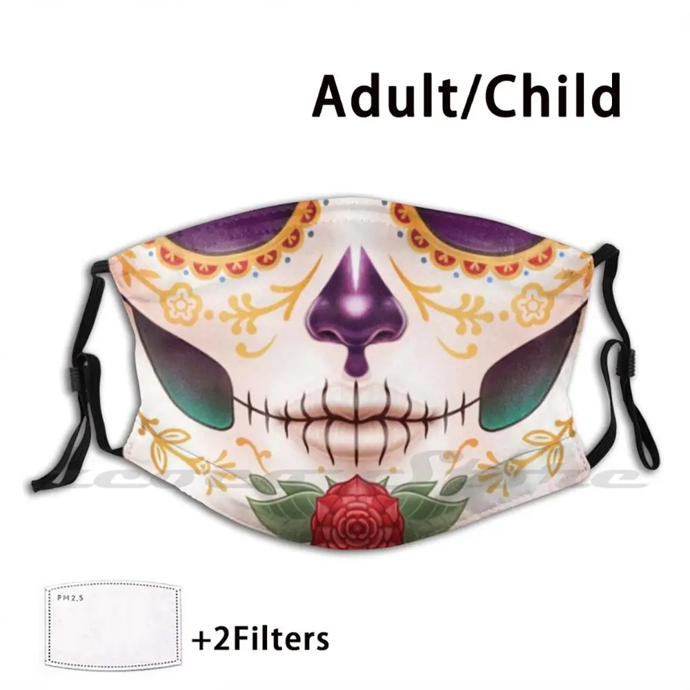 Sugar Skull Mask Cloth Reusable Print Filter Washable Candy Catrina Skeleton Mexico Holy Death All Saints Day Bones | Аксессуары для