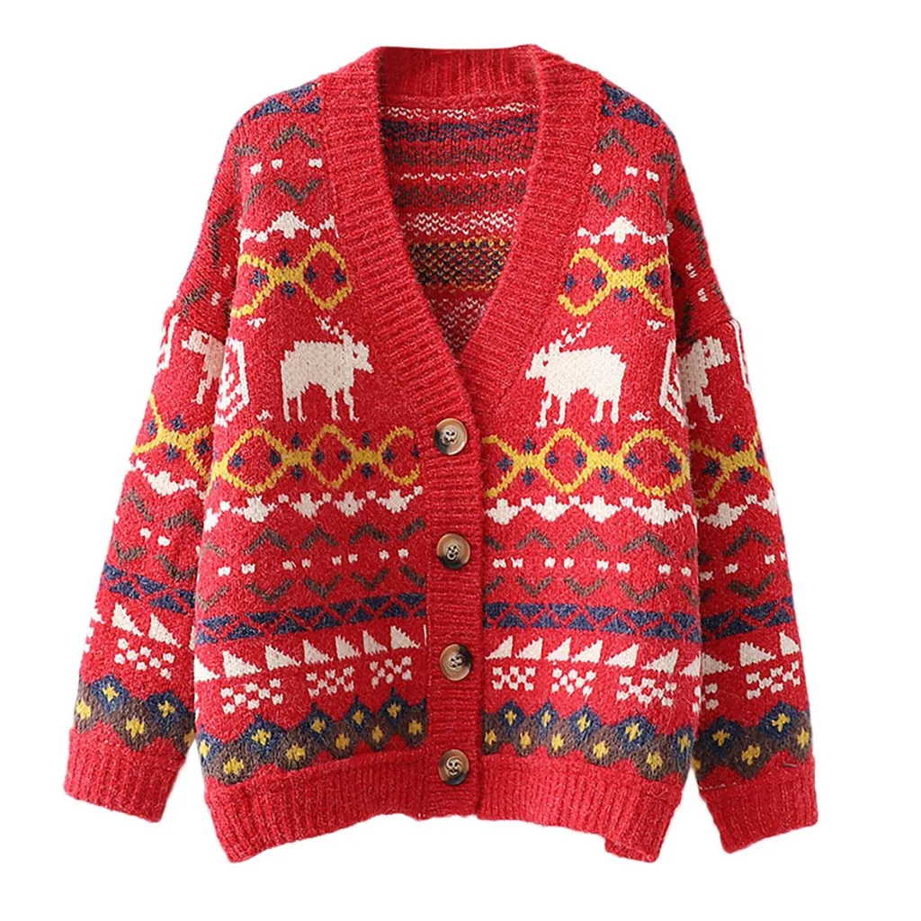 KLV Women's Sweater Fashion Christmas Print Cardigan Pocket Long Sleeve Sweater Jacket 9.27 - Цвет: PLL90920510RD
