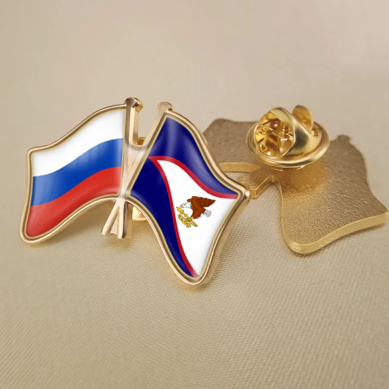 

Russian Federation and American Samoa Crossed Double Friendship Flags Lapel Pins Brooch Badges