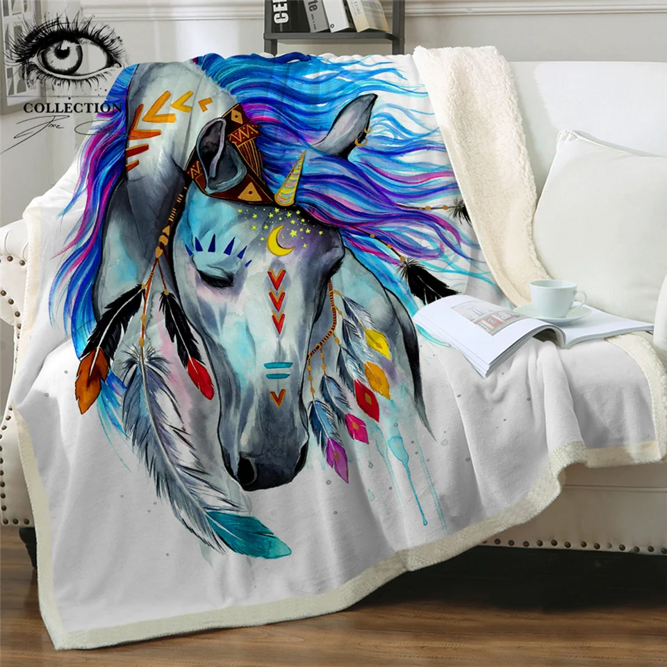Günstig Pferd durch Pixie Kalte Kunst Mikrofaser Decke für Bett Tribal Horse Decke Bunte Tier Bettwäsche Aquarell Boho Dünne Bettdecke