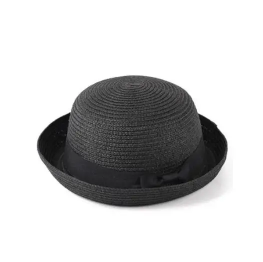 COKK Panama Hat Simple Summer Beach Hat Female Casual Lady Women Flat Brim Bowknot Straw Cap Girls Sun Hat Chapeu Feminino black 2