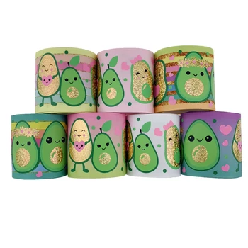

New arrival 3" 75mm Avocado fruit Print Gold Hologram Ribbon for Hair Bow