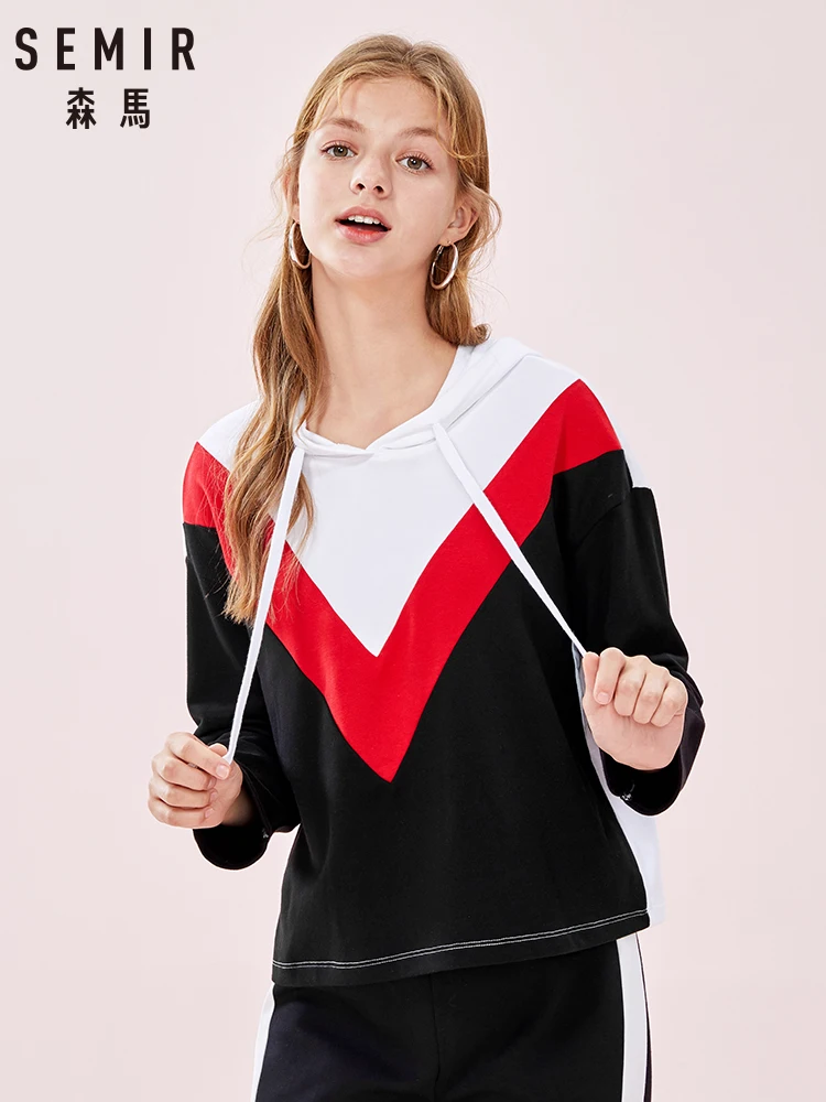 

Semir Hoodies 2019 spring and autumn new loose hooded slimming bf wind hit color hoodies student stitching shirt