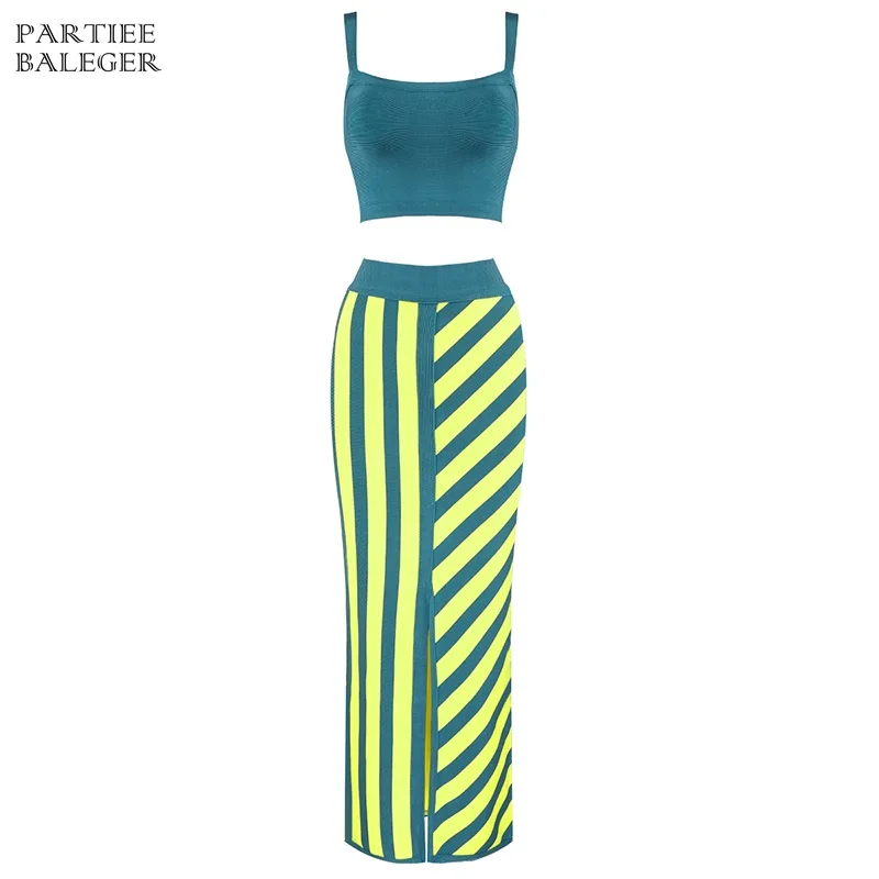 

2019 Summer Hot New Trendy Two Pieces Sets Striped Design Sexy Spaghetti Strap Color Block Celebrity Party Bandage Skirt Suit