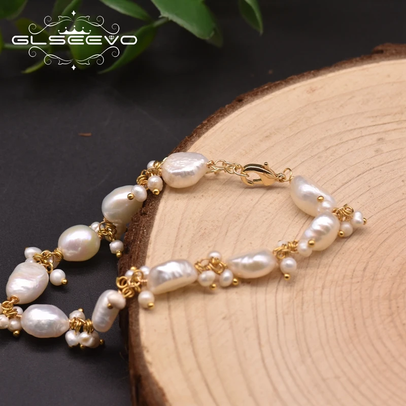 

GLSEEVO Natural Baroque White Pearls Strand Bracelets For Women Gift Handmade Adjustable Charm Bracelet Luxury Jewellery GB0928