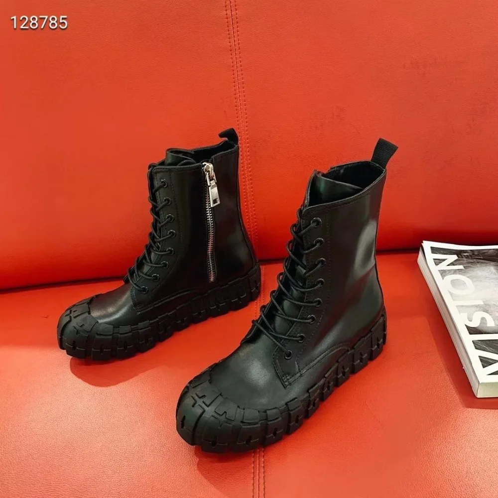 genuine leather hick bottom ankle boots woman round toe slip on motorcycle boots woman Knight boots for woman punk boots