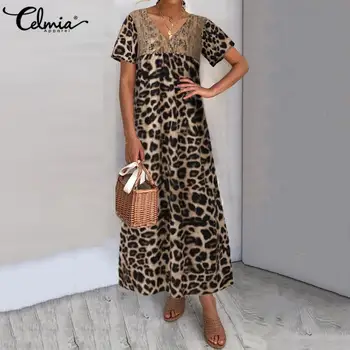 

Plus Size Sexy V neck Summer Sundress Celmia Women Short Sleeve Lace Long Maxi Dress Female Leopard Print Casual Party Vestidos