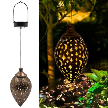 

LED Solar Lantern Retro Iron Hanging Projection Light Portable Hollow Chandelier Lantern for Household Courtyard Ornament