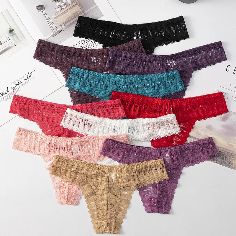 

Women Sexy Lace Underwear Transparent Large Underwear Solid Color Hollow Out Low Waisted Briefs T-pants Thong Pants