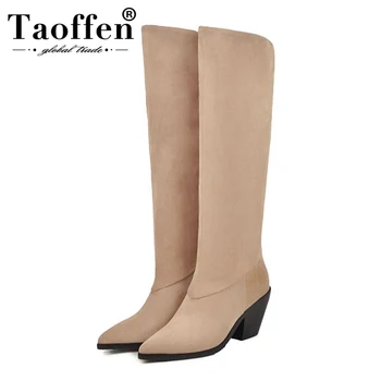 

Taoffen 4 Color Women Knee High Boots Solid Color Pointed Toe High Heel Shoes Autumn Winter Daily Long Boots Women Size 31-46
