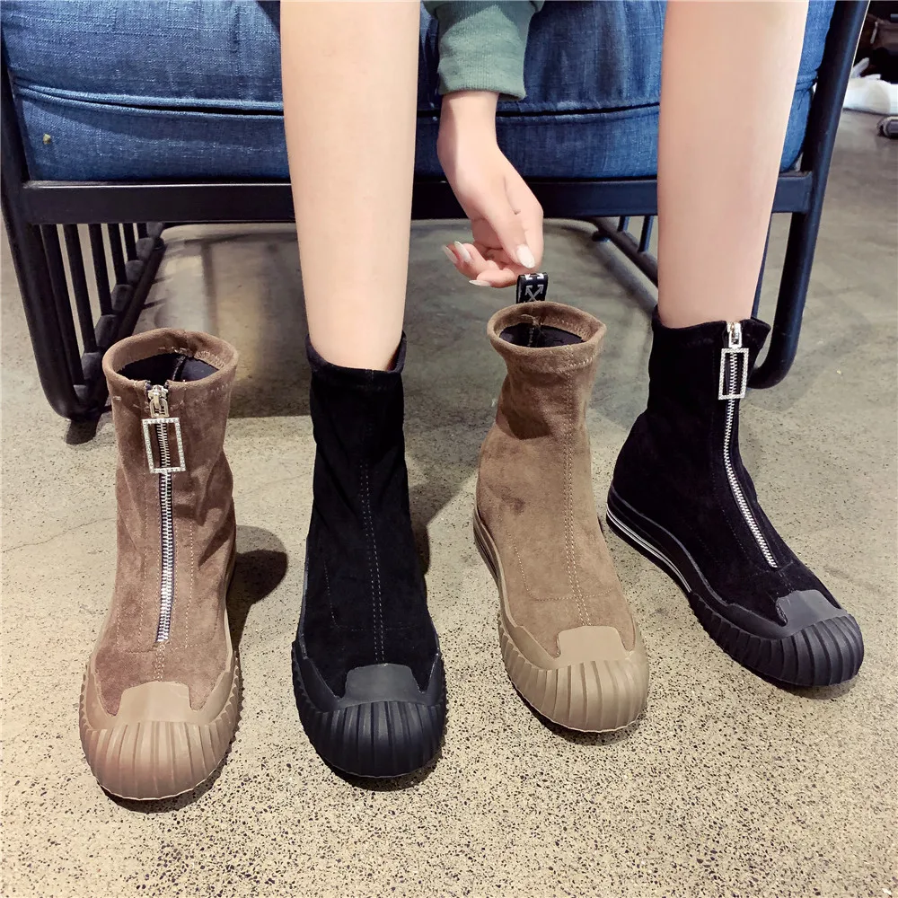 New Fashion Flat Shoes Woman Round Toe Ankle Boots for Women Ladies Booties Shoes Front Zipper Designer Boots Women Luxury