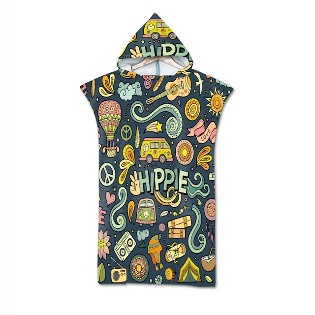 Adult Kids Microfiber Quick Drying Peace and Love Pattern Absorbent Hooded Beach Bath Towel Diving Suit Changing Robes Poncho 6