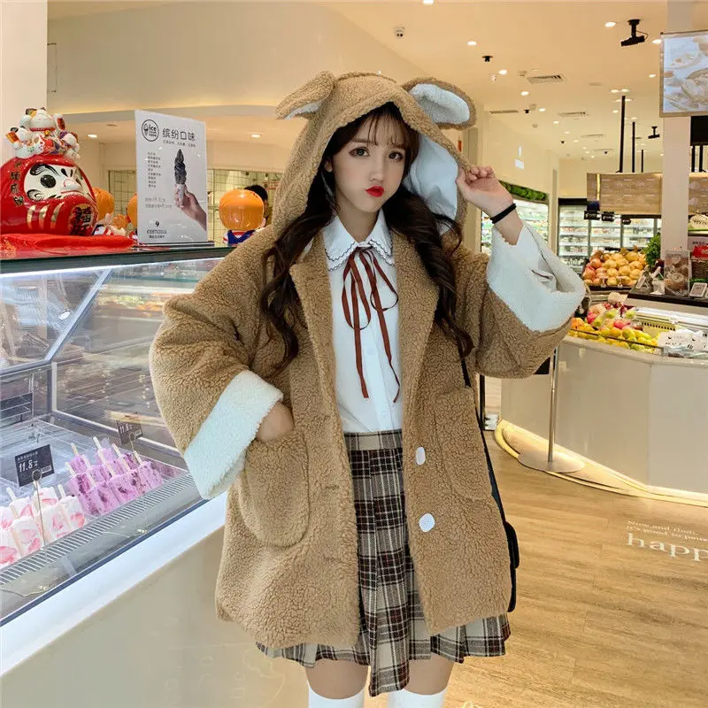 

Autumn Winter Woman jacket Loose Sweet bear ear bear tail Imitation lamb wool Patchwork female caot furry jacket women 2020 HOT