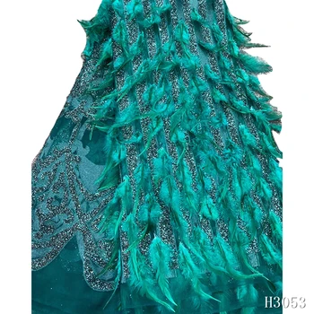 

African Fabric Lace French 2019 High Quality Lace Feather Sequins Nigerian Lace Fabric Green Tulle Lace For Women Party HX3053
