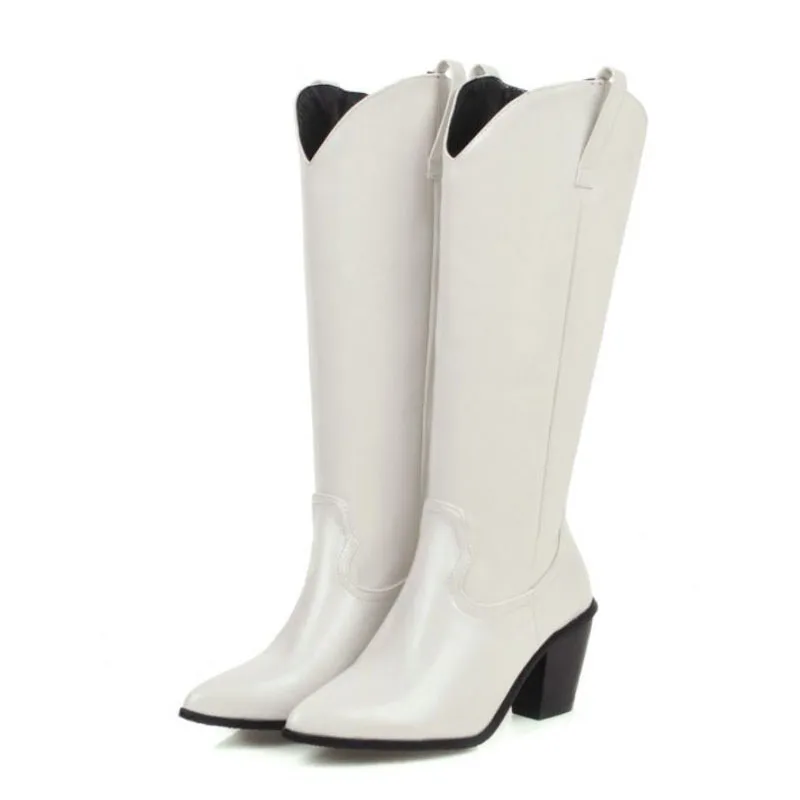 Coolcept Plus Size 33-46 Ladies Knee High Boots Keep Warm Winter Short Plush Pointed Toe Rough Heel Casual Daily Footwear