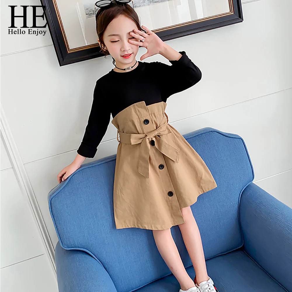 

HE Hello Enjoy Autumn Butterfly-knotted Girl Dresses 2019 Leisure Children's Dresses Teenager Big Girls Clothes 4 5 6 8 10 12Y