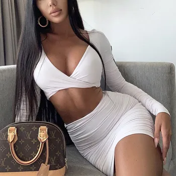 

FSDA Two Piece Set Women Long Sleeve V Neck Crop Top White Sexy And Mini Bodycon Skirt Lady Casual Black Pink Outfit