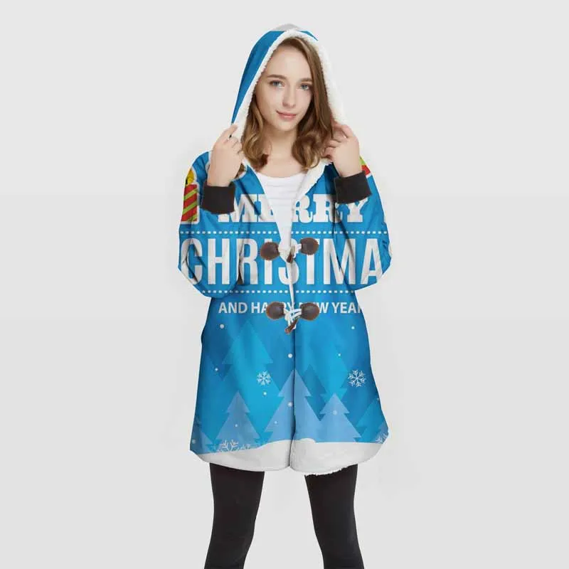 Рождественское одеяло с капюшоном рукавами для женщин теплое синее пальто