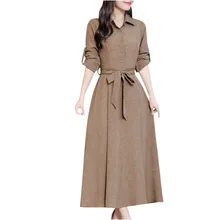 Vestido Formal mujer elegante sólido de manga larga cinturón de cintura alta largo Mxi vestido Boho Otoño Invierno botón señora vestidos de verano(China)