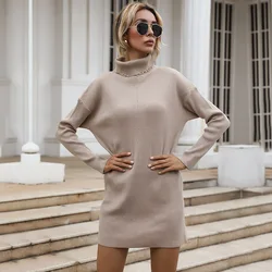 Vestido de punto de cuello alto para mujer, jersey de Color puro, minivestido elegante informal, primavera y otoño