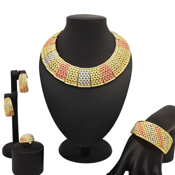 

3 Tone Dubai Gold Jewelry Sets Nigerian Wedding African Beads Crystal Bridal Jewellery Set Rhinestone Ethiopian Jewelry parure