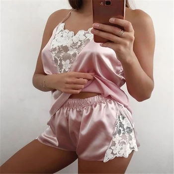 

2020 Summer Lace Pajamas women's Suit Sexy Strapless Sleeveless Tops Shorts Solid Color Two Piece Suit