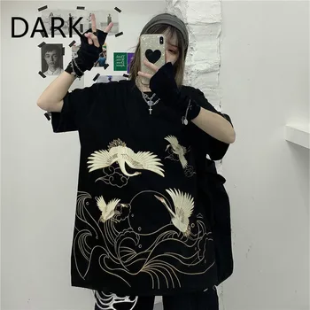 

Mourning Short-sleeved T-shirt Women's Summer 2020 New Dark Black Women's Loose Wild Crane Print Shirt Ins Tide
