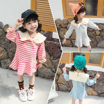 

3-7 years old cute girl baby navy collar color striped dress spring and autumn loaded new children's foreign style college dress