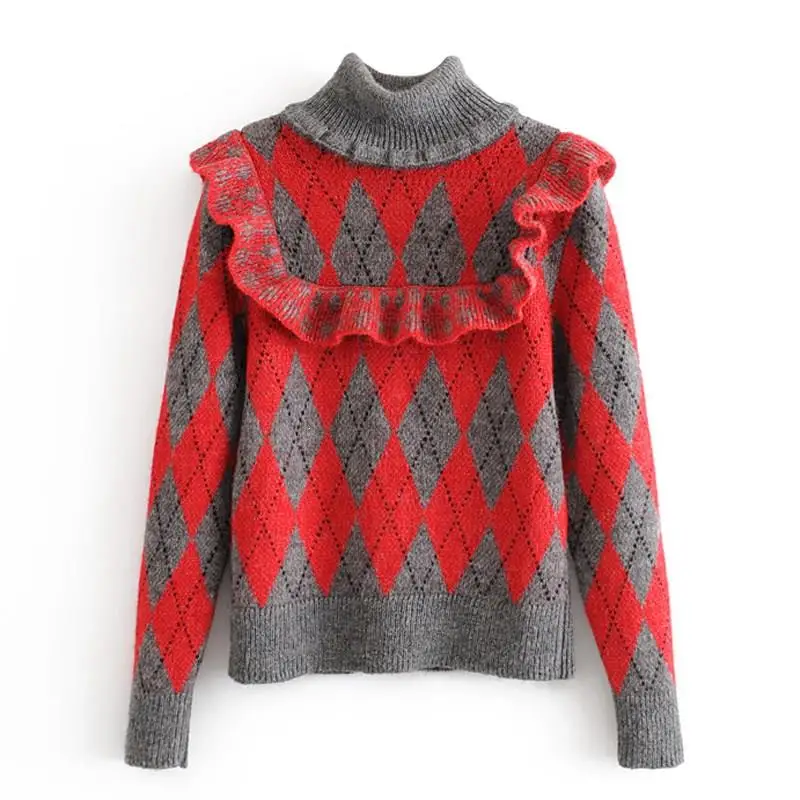 

2019 Winter Women Long Sleeve Sweaters Elegant Ruffle Diamond Lattice Sweaters Casual Pullovers Knitted Turtleneck Jumpers