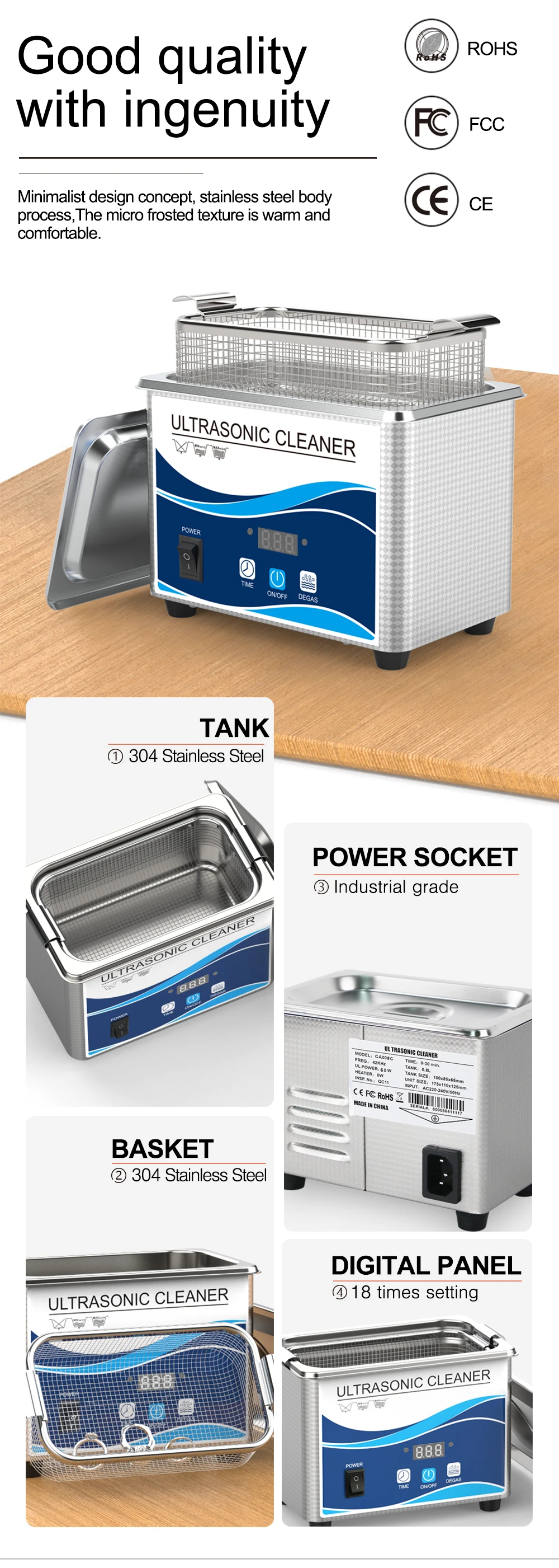 Household GA008 Ultrasonic Cleaner Stainless Steel Bath 60W Piezoelectric Transducer Glasses Cellphone Board Jewelry Washer