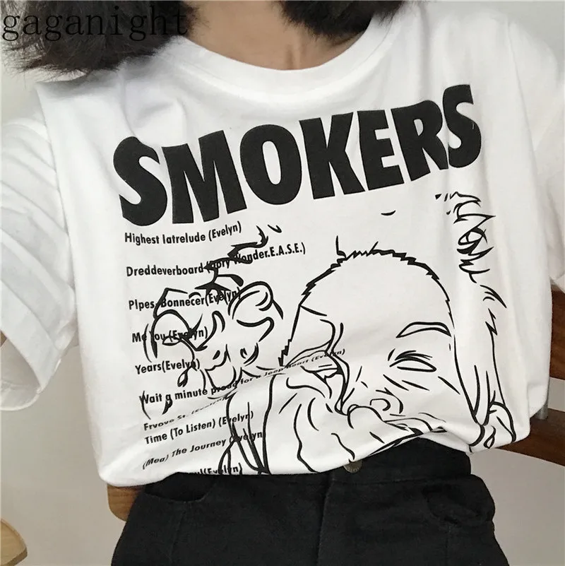 Gaganight Letter Print Smoker Women T Shirt Short Sleeve O Neck Casual Loose Tshirt Girls Summer Tee Shirt Korean Tee Tops Cool