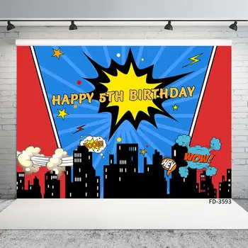 

Superhero City Boys 5th Birthday Party Banner Photography Backdrops Decoration Children Baby Photo Background Photocall Props